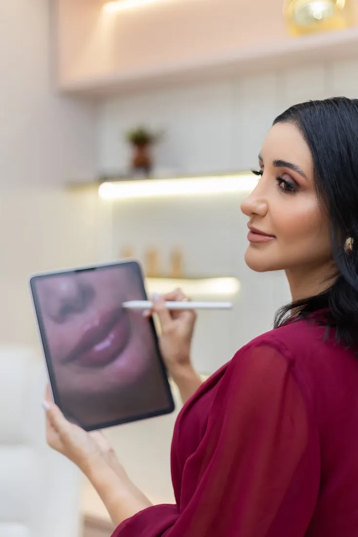 Ludmilla Oliveira segurando um tablet durante o planejamento de um atendimento